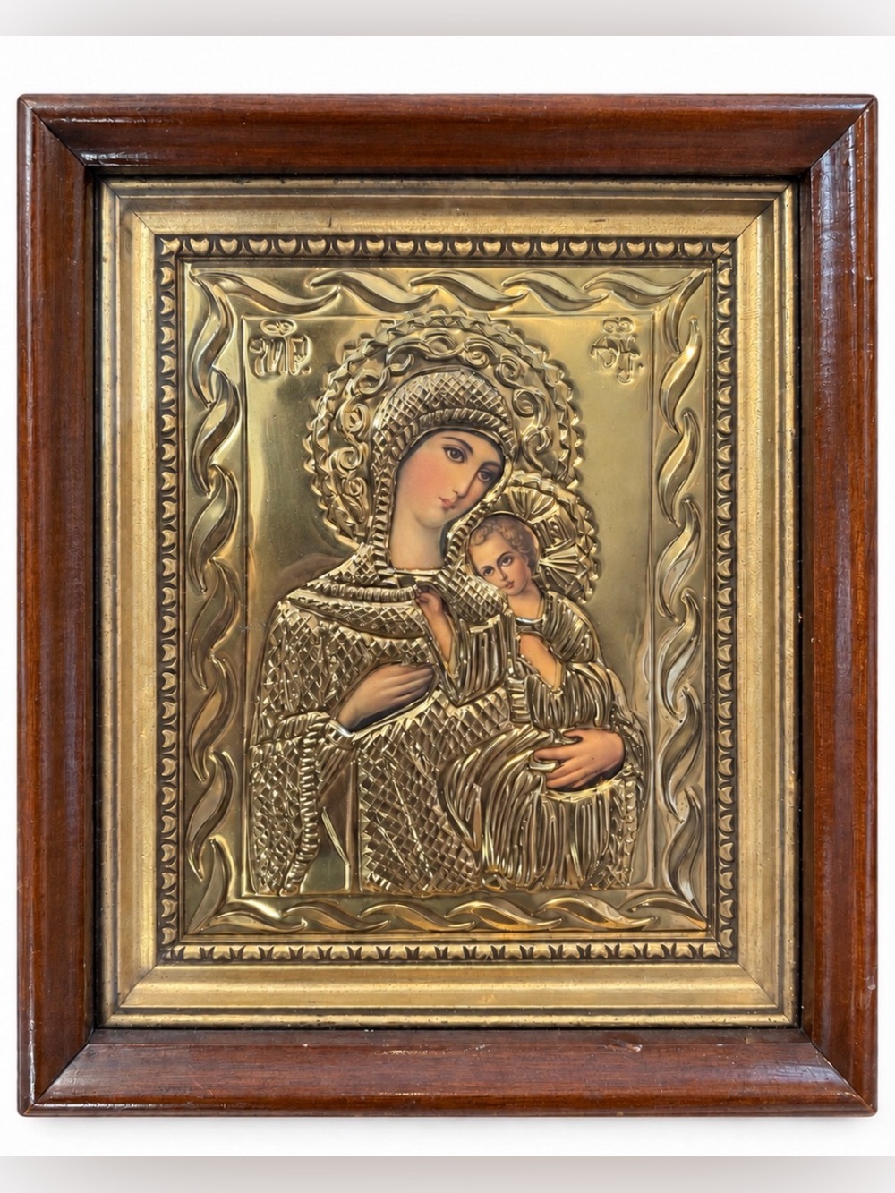 Vintage Virgin Mary Christ Child Greek Orthodox Icon Gold Tone Wall Plaque Jesus